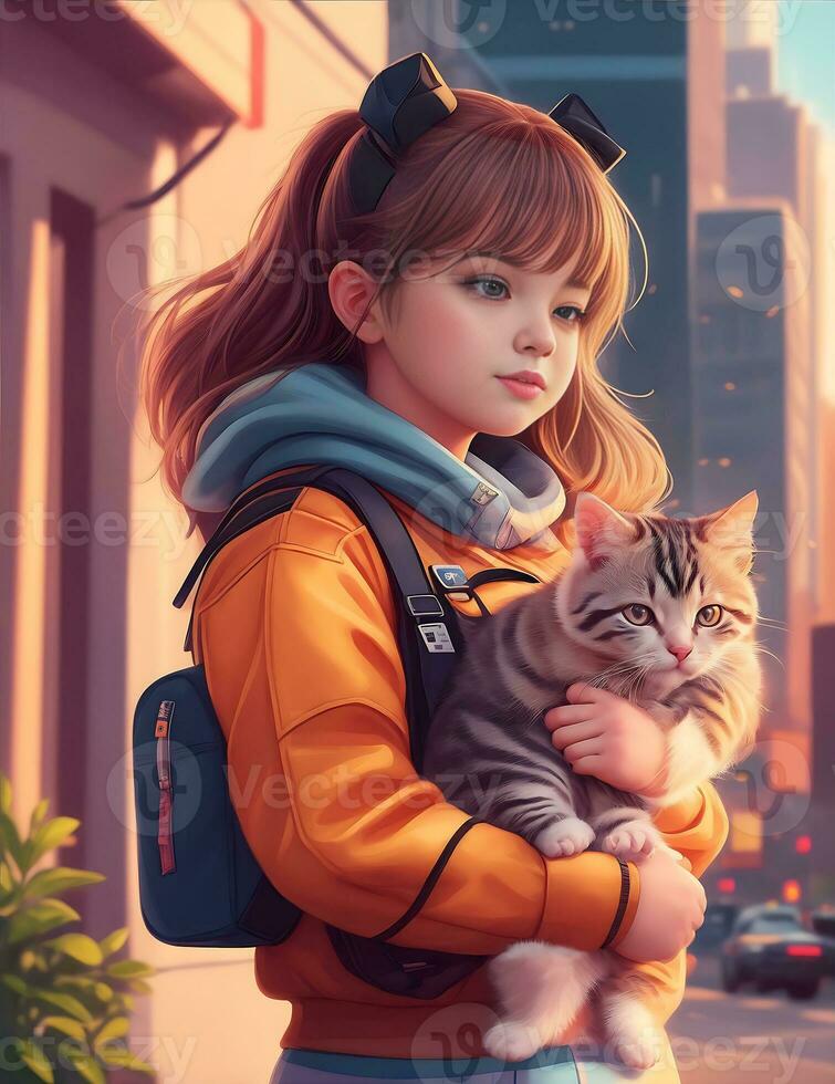 Realistic Vector A Young Girl with Pet Cats by ai generated photo