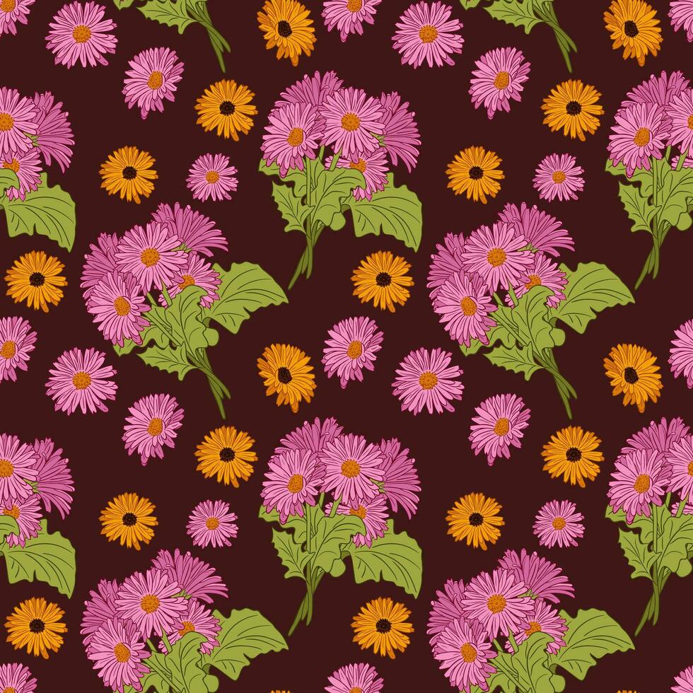 Vector flat style bunches of gerberas pattern. Bouquets of pink flowers with yellow flowers on dark background. Perfect for wrapping paper, background, wallpaper, textile, banner