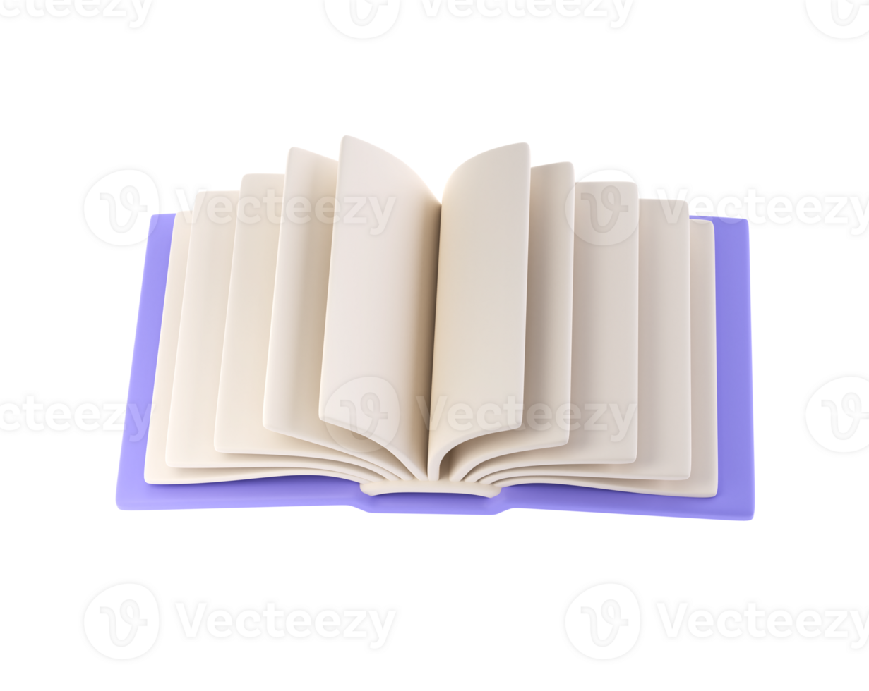 3d icon open book school, diary with white paper blank pages and bookmark. Cartoon minimal style isolated transparent png