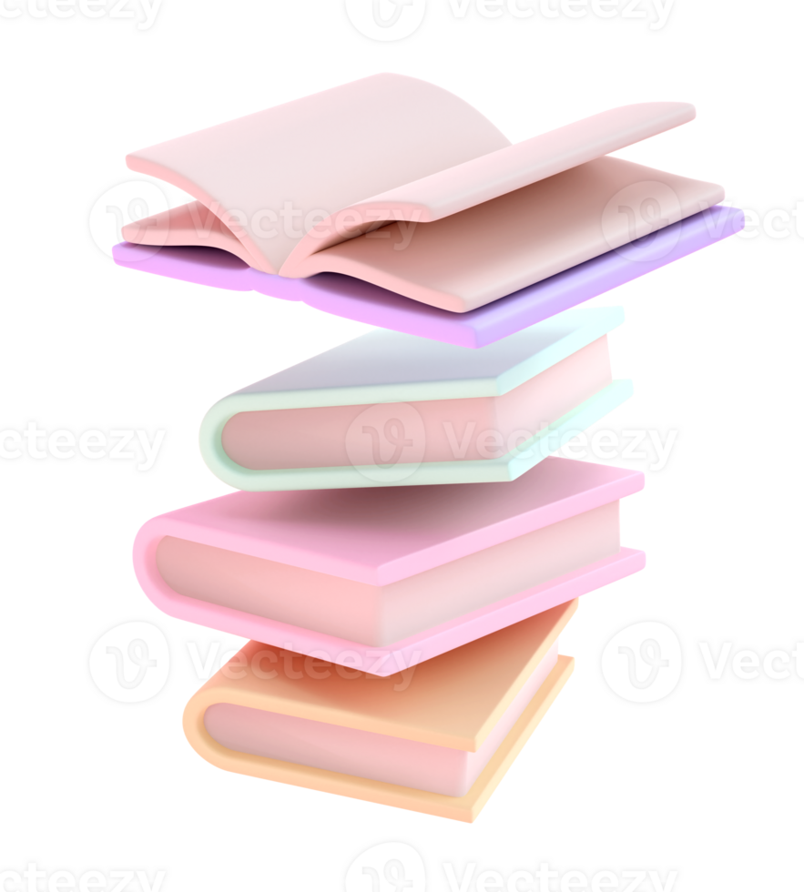 3D Stack of Closed Books and one open book. Icon isolated transparent png. Render Educational or Business Literature. Reading Education, E-book, Literature, Encyclopedia, Textbook Illustration png