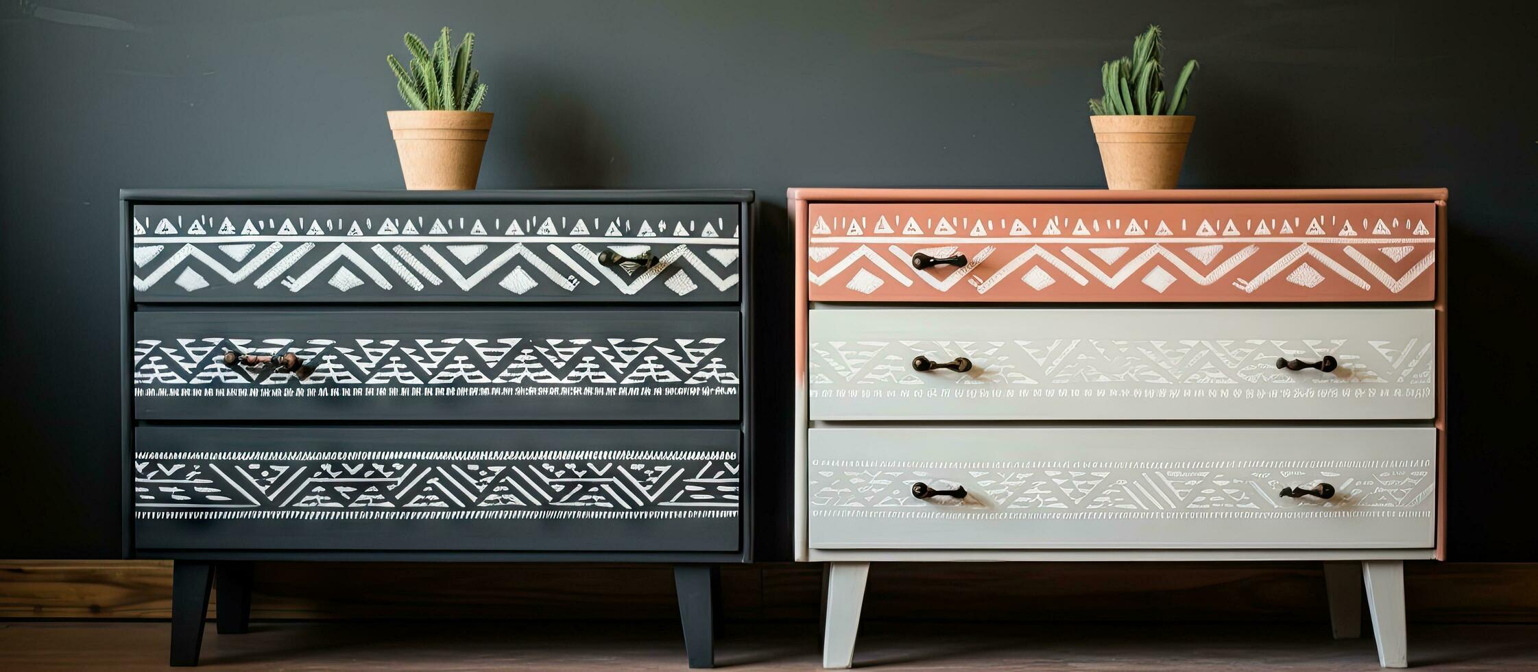 Bohemian chic dresser with stenciled design and mid century modern pulls featuring drawers for the home interior photo