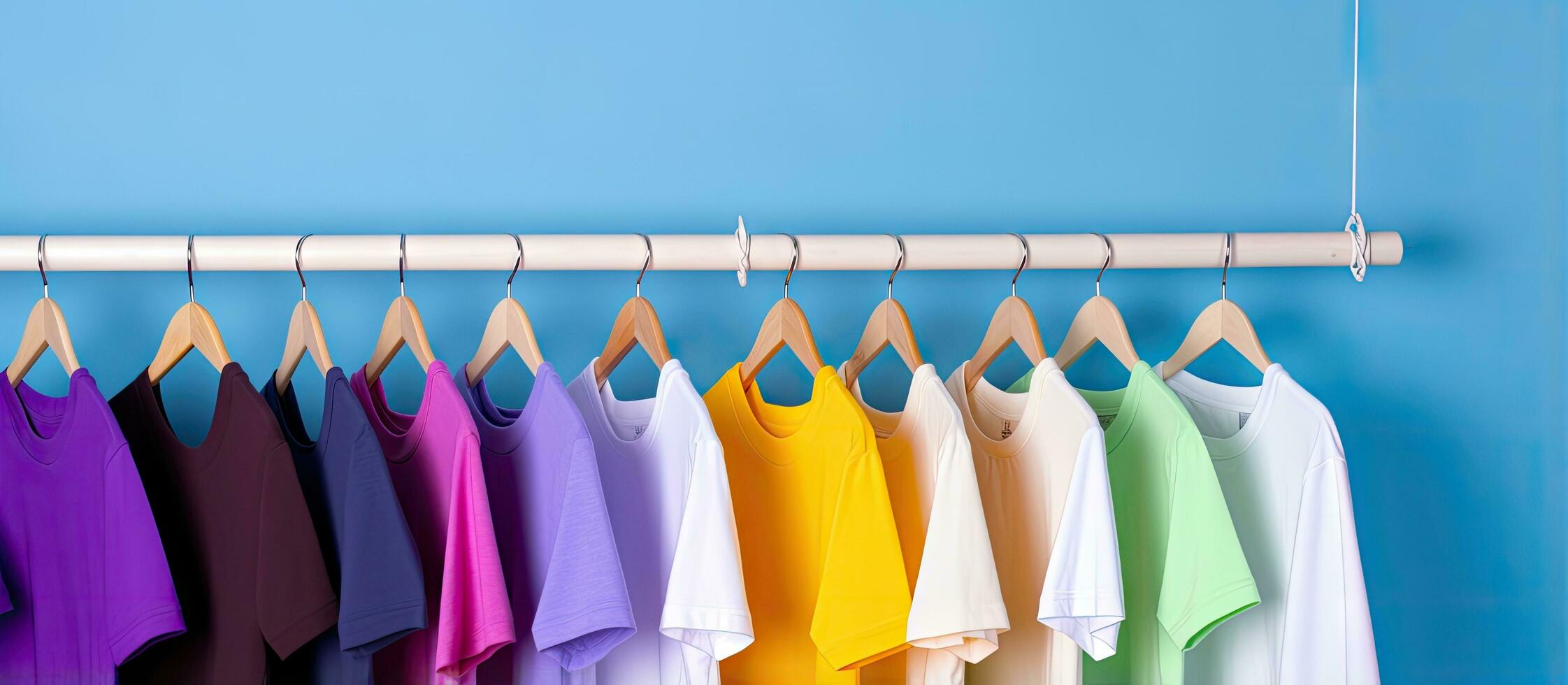 Close Up Of Colorful Tshirts On Hangers Apparel Background Stock