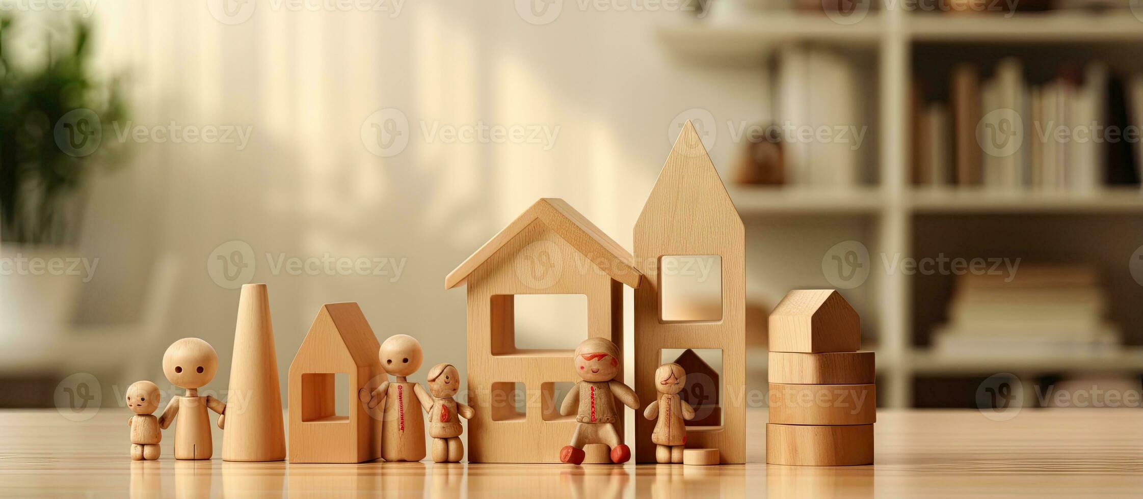 Rendering wooden figure toys and home environment for remote work content photo