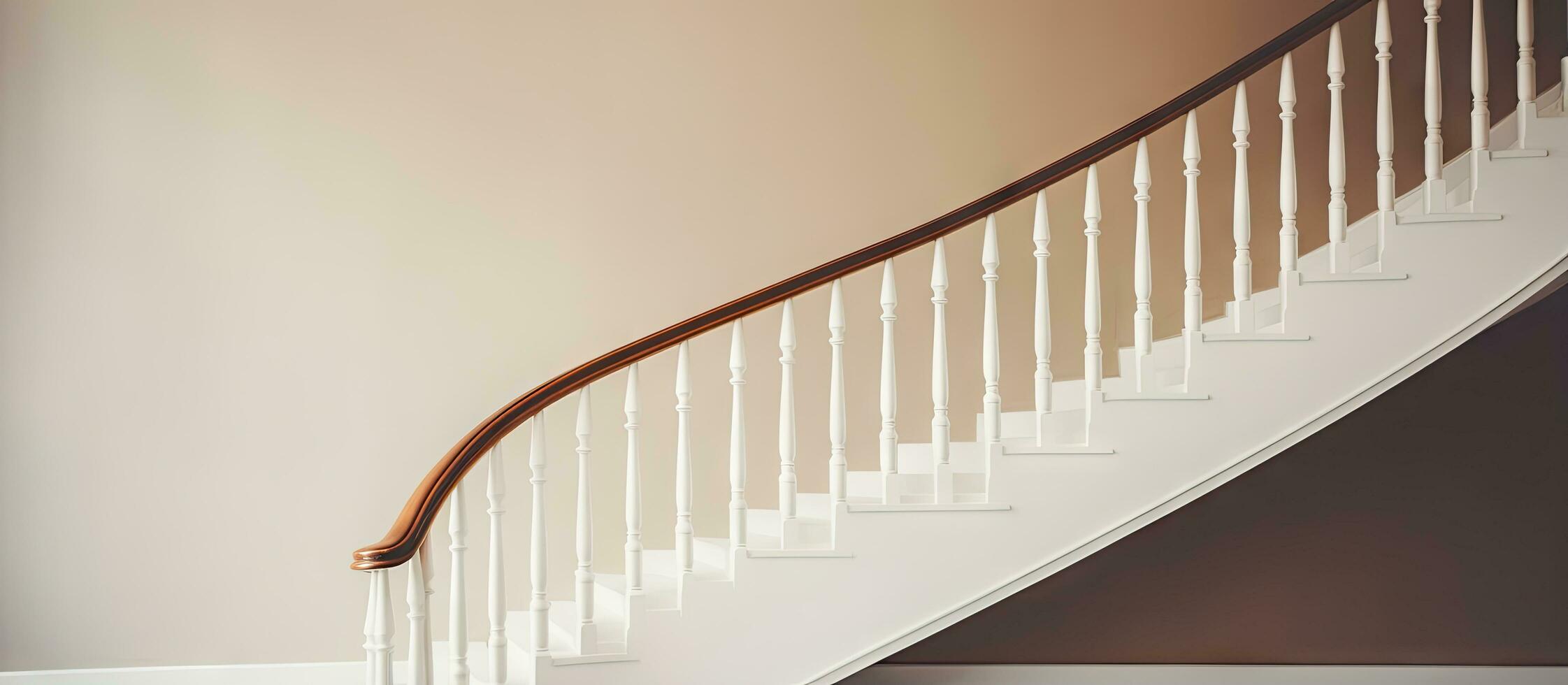 White stairs going both up and down with brown handrails photo