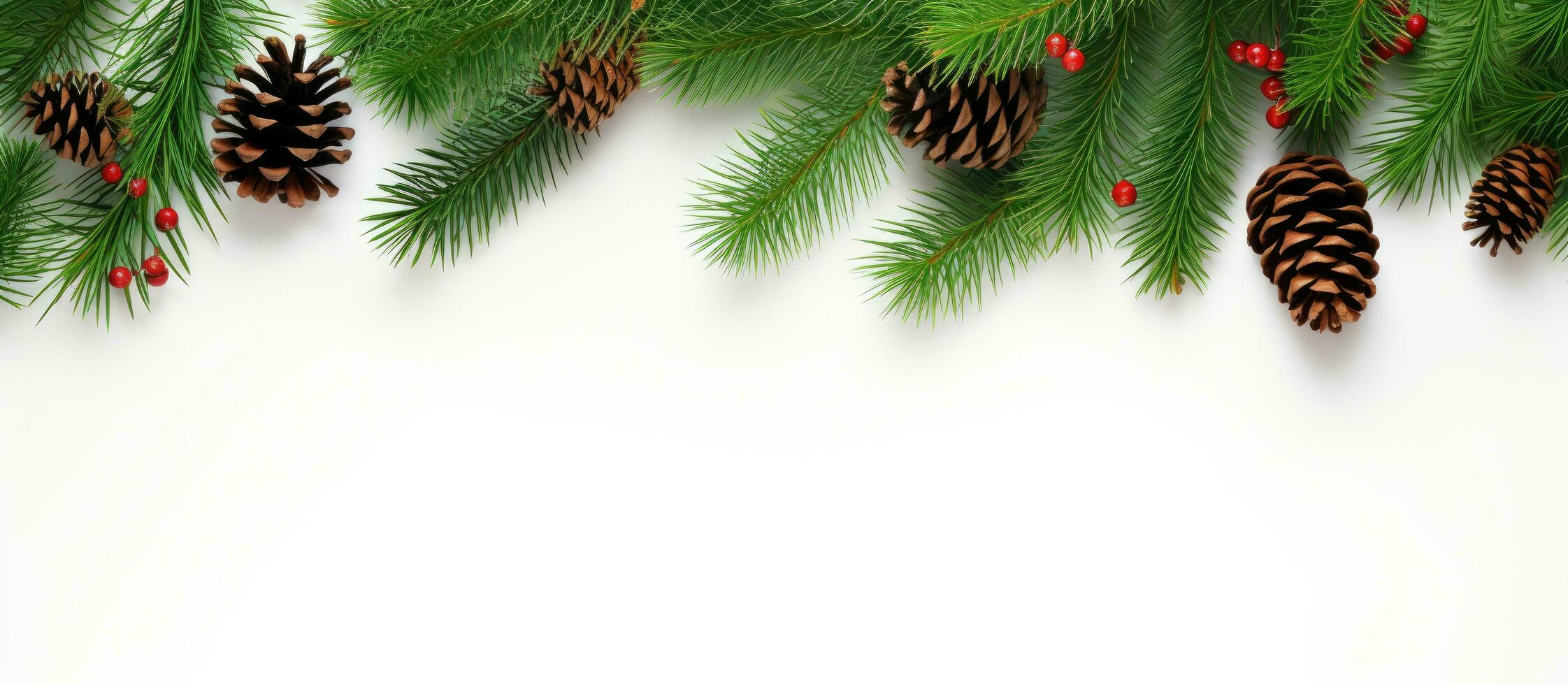 Conifer branches used to create a Christmas decoration White background top view photo