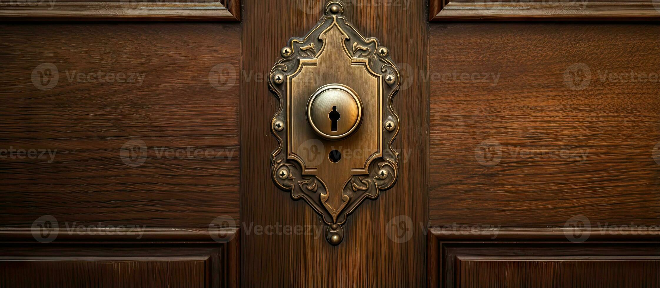 Close up of wooden door with keyhole and doorknob visible photo