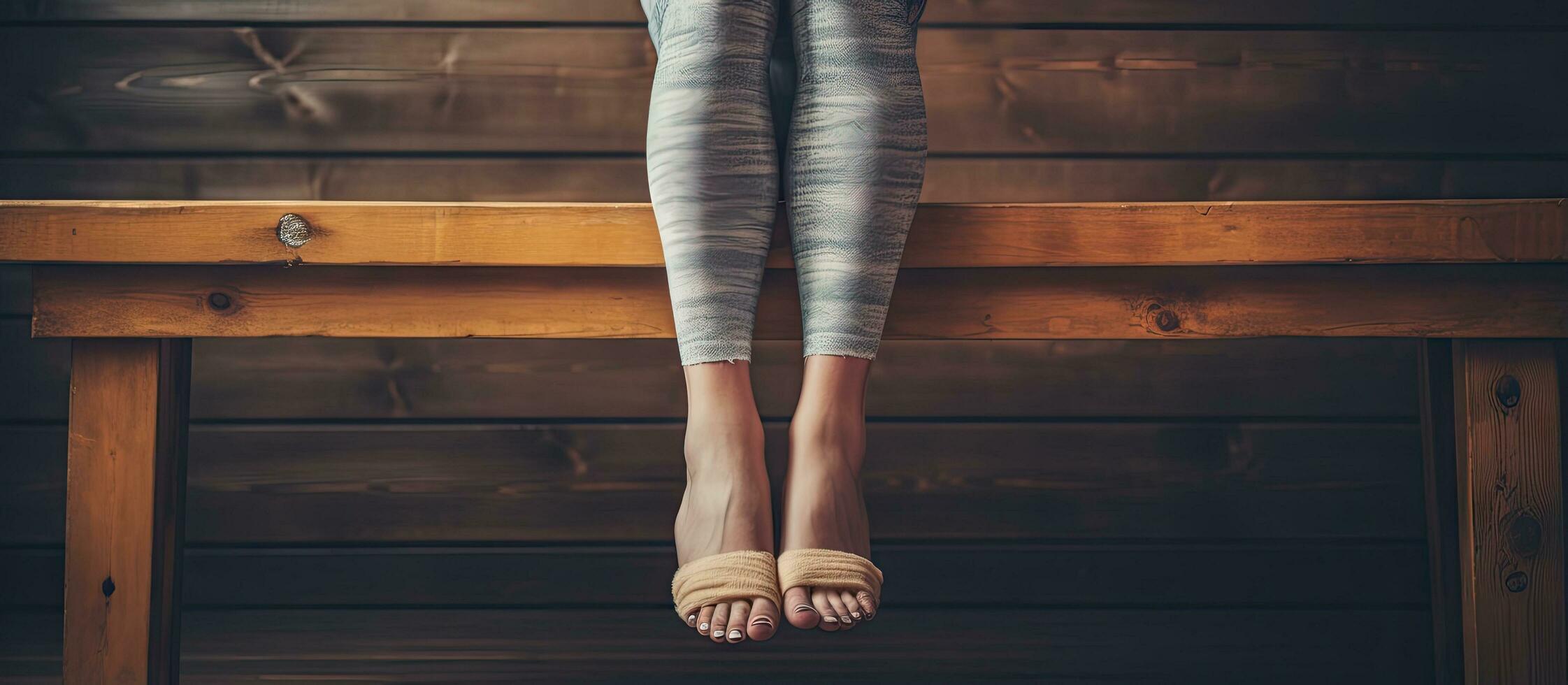 Empty space on a wooden desk for your decoration with a woman s legs in socks photo