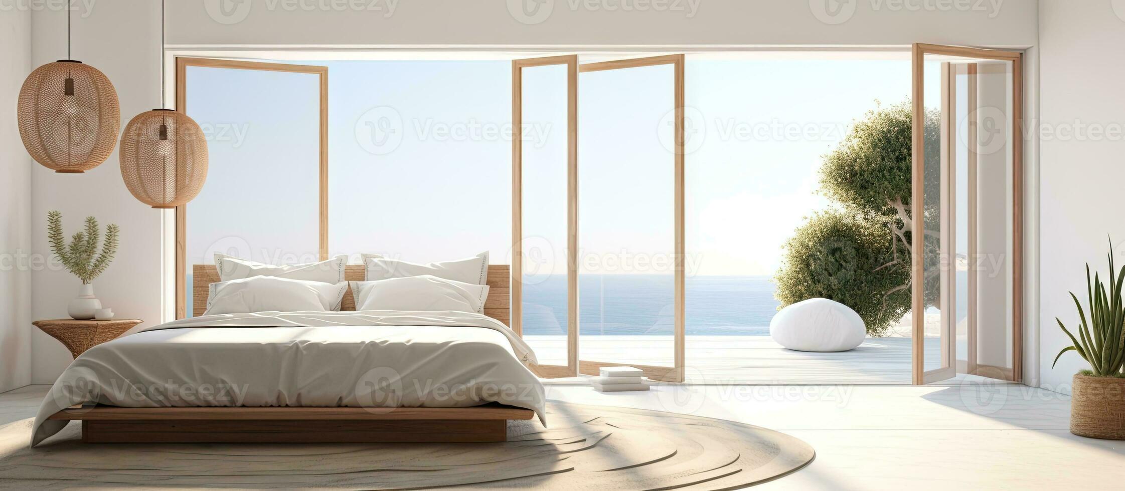 Round hanging lamps over a cozy bed in a bedroom with white walls and a door to terrace photo