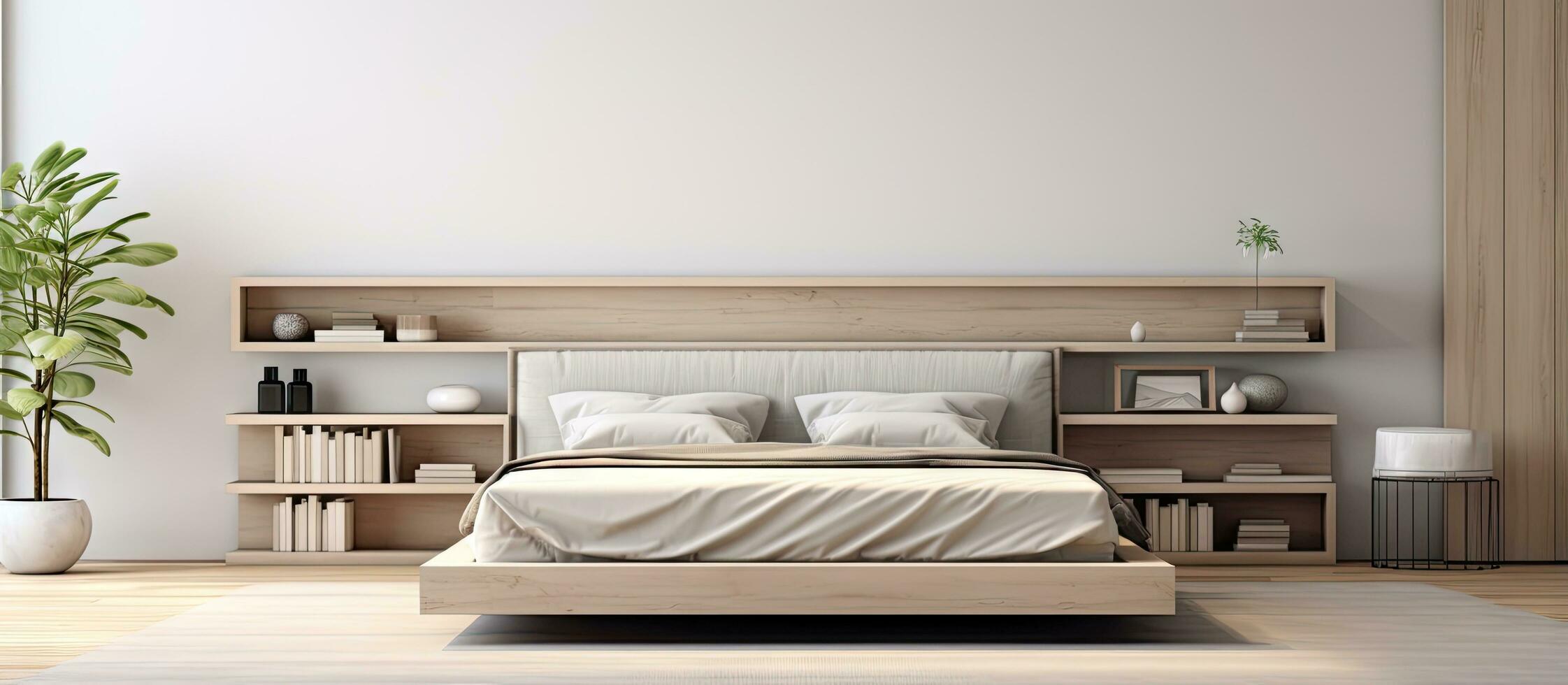 a minimalist bedroom with white walls wooden floor gray king size bed with beige cover gray bookcase with vases and books and a vertical mock up poster frame photo