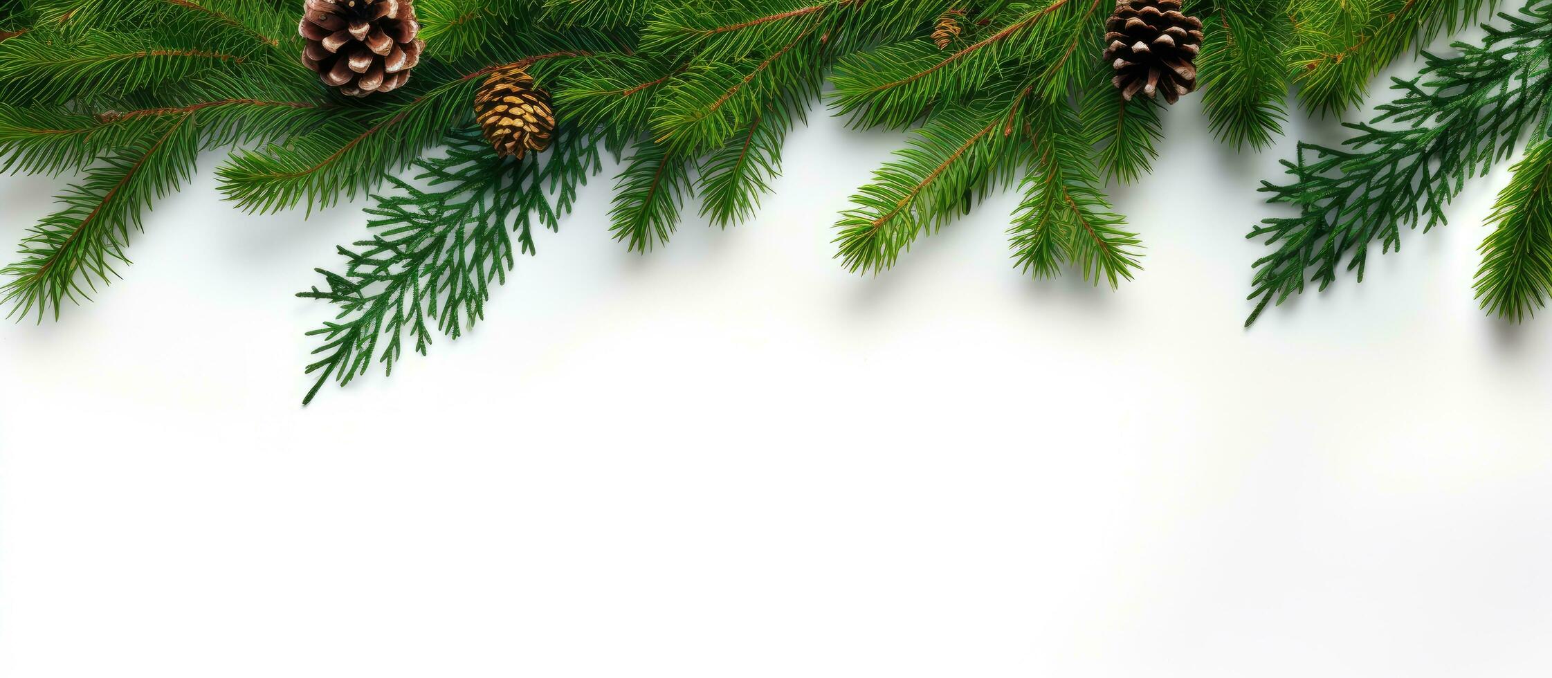 Conifer branches used to create a Christmas decoration White background top view photo