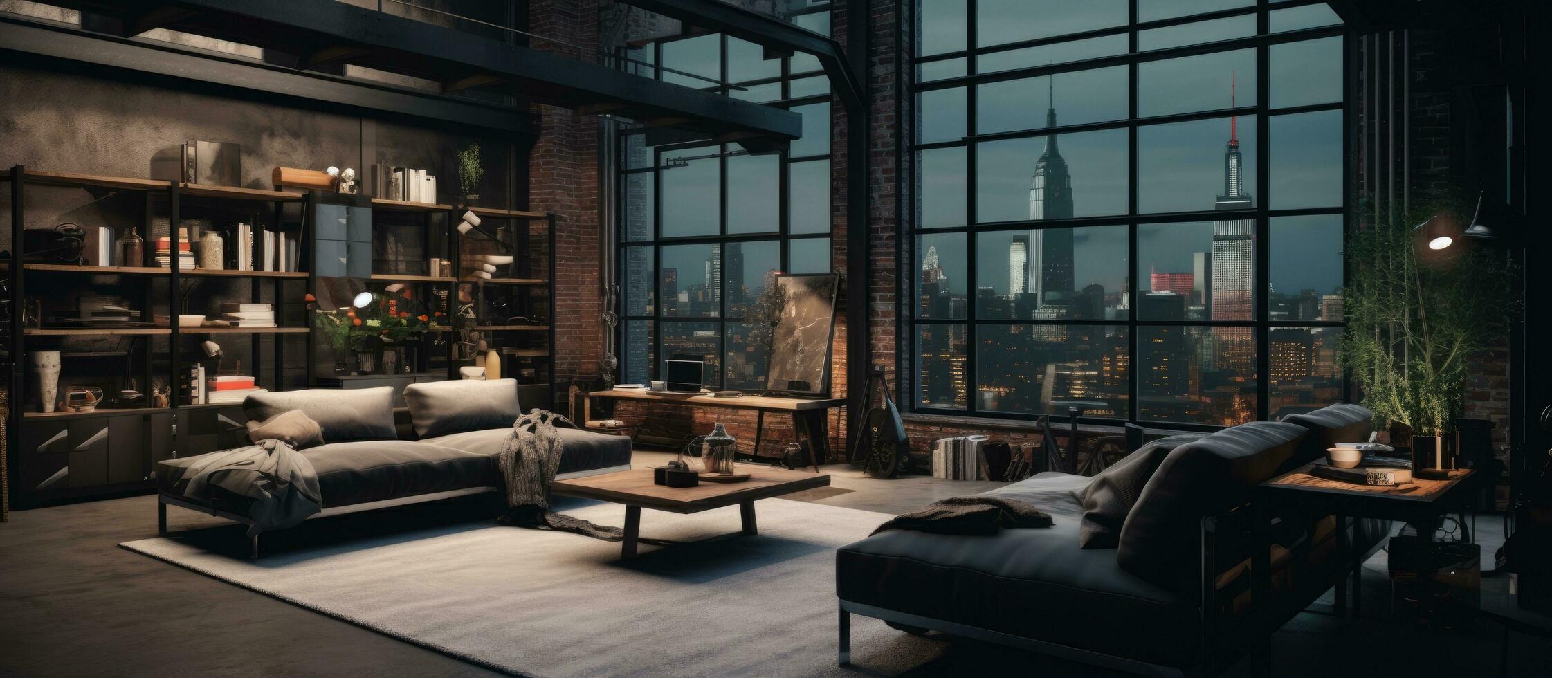 Large loft style studio apartment with modern black wooden furniture and open floor plan featuring expansive windows photo