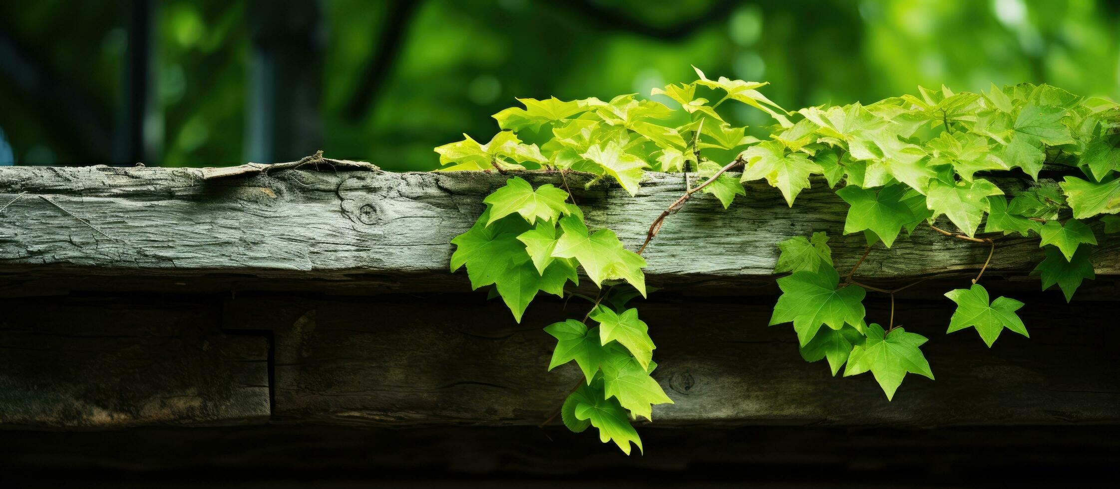 Leaves in shades of green rest on aged wooden structure photo