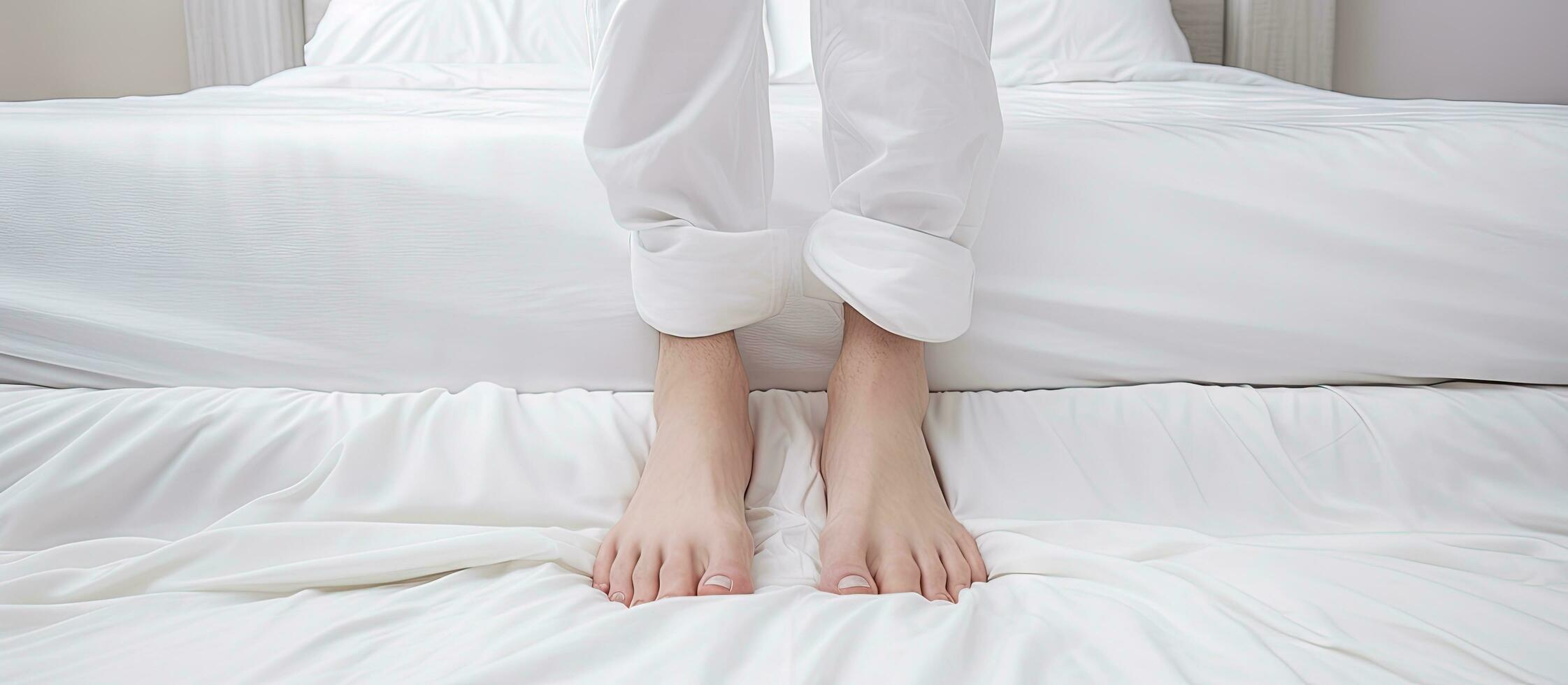 Feet and toes treading on the white wrinkled bed sheets photo