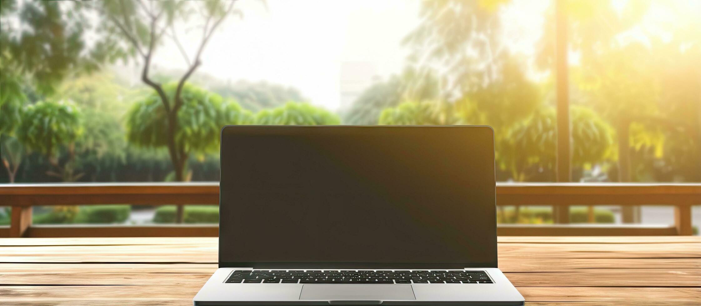 Blank screen laptop computer on wooden table with sunlight background photo