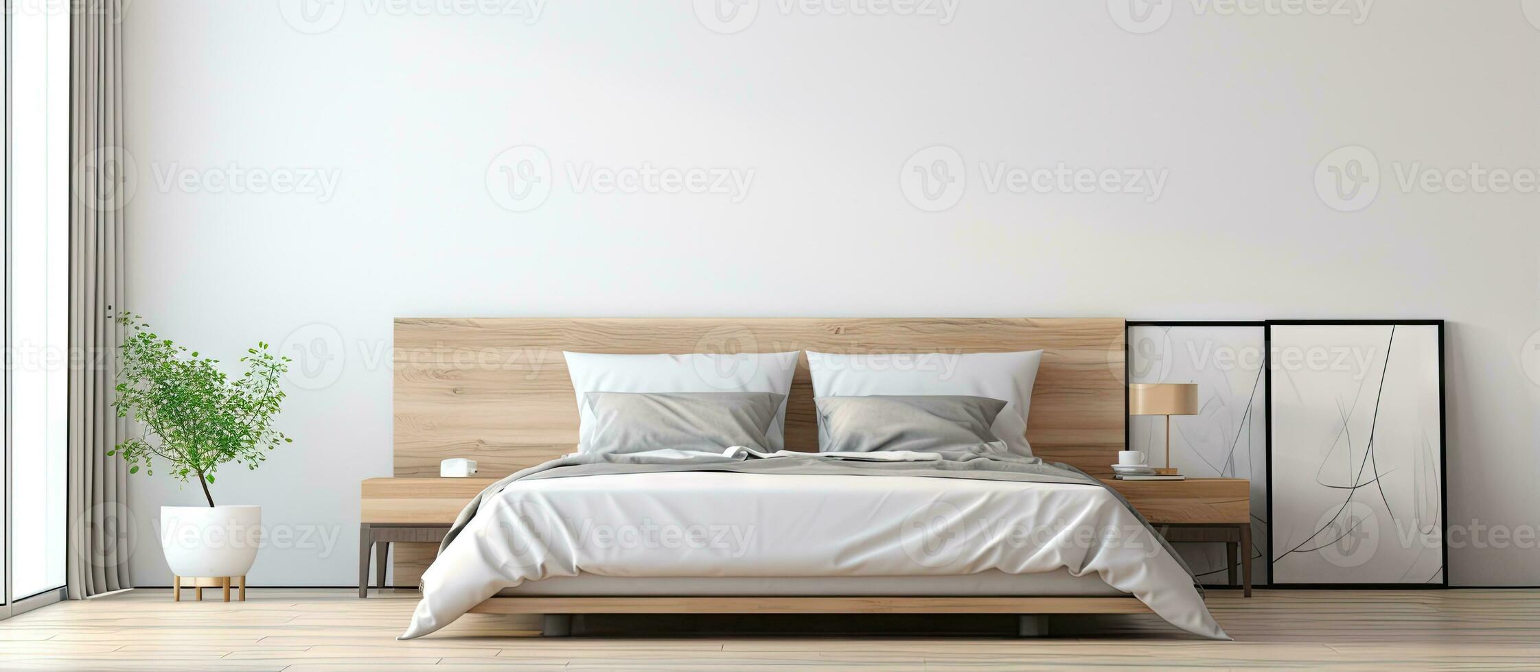 mock up of a bedroom with white and glass walls wooden floor double bed and blank poster on a bedside table photo