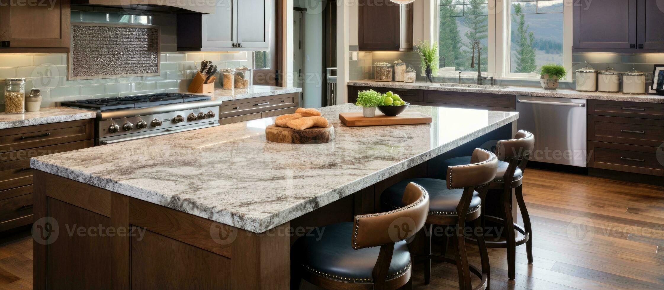 American kitchen interior with brown cabinets granite counter top island and hardwood floor photo