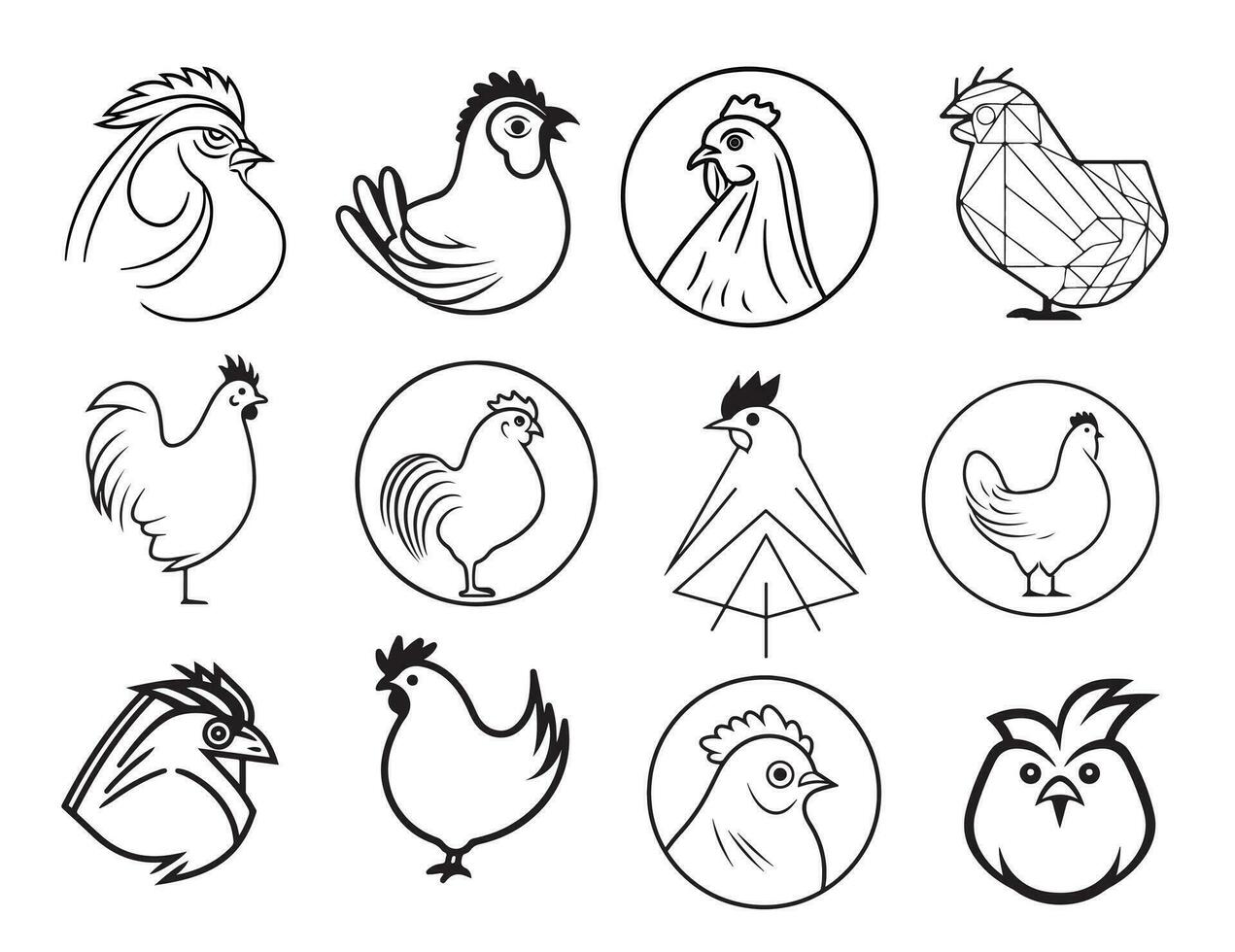 Chicken hen logo set sketch hand drawn Vector illustration