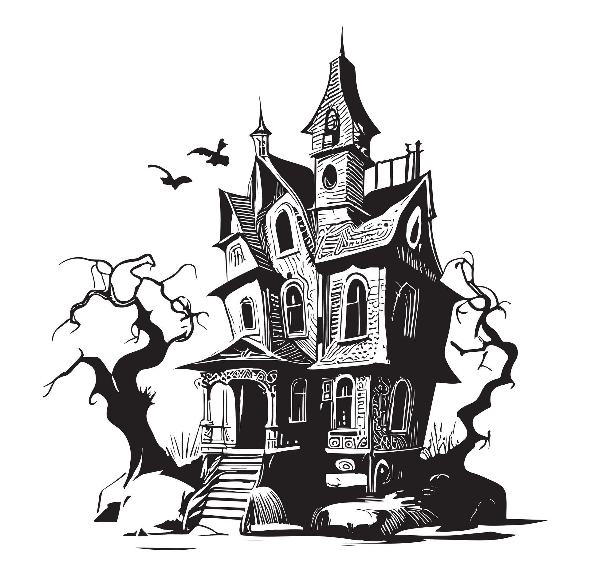 Haunted House silhouette Hand Drawn Sketch Vector Illustration ...