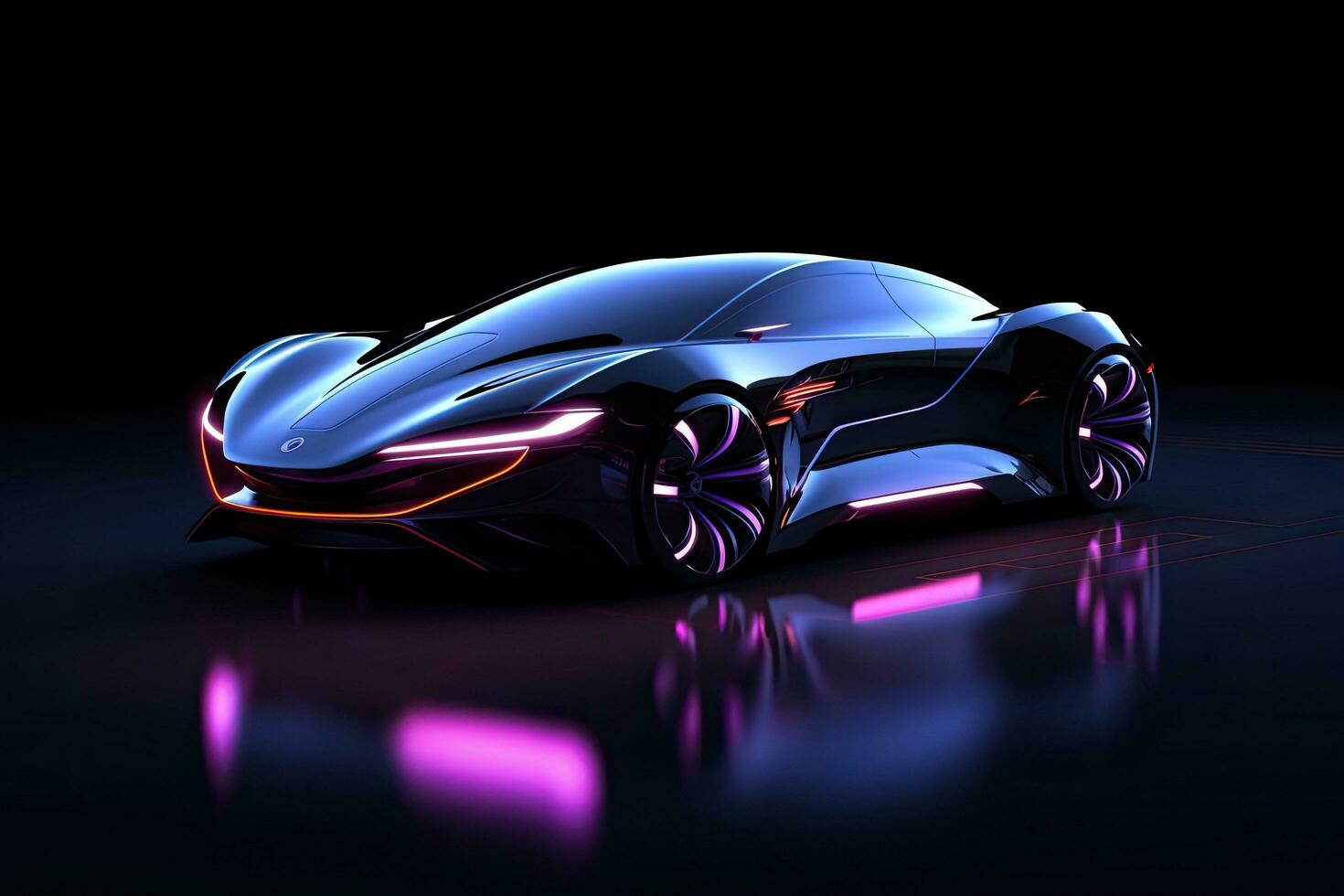 3D rendering of a brand-less generic concept car in studio environment, Car with neon lights on a dark background, side view. Sports car, futuristic autonomous vehicle. HUD car, AI Generated photo