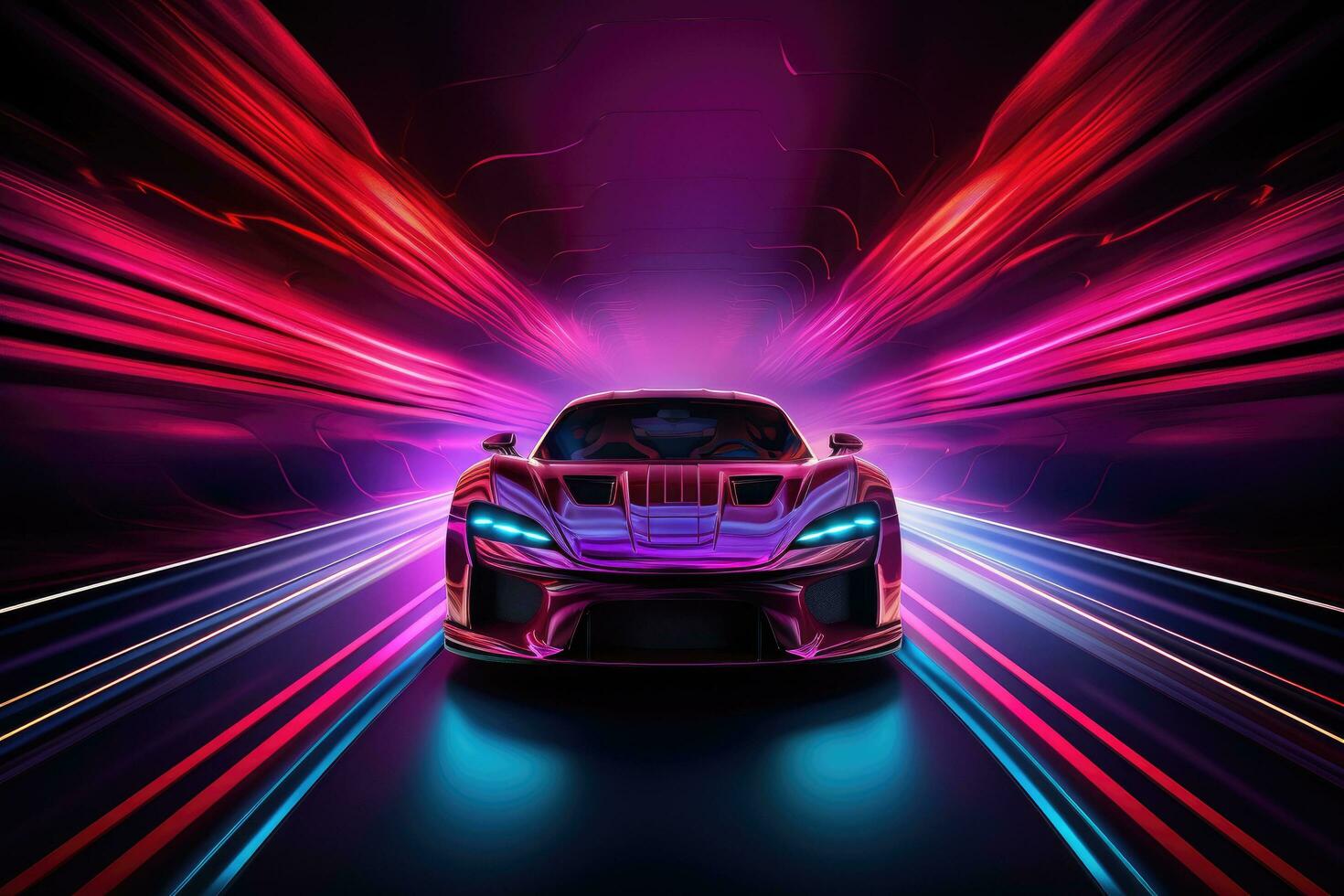 3D rendering of a sports car on a dark background with neon lights, Car in a tunnel with neon lighting, front view, AI Generated photo