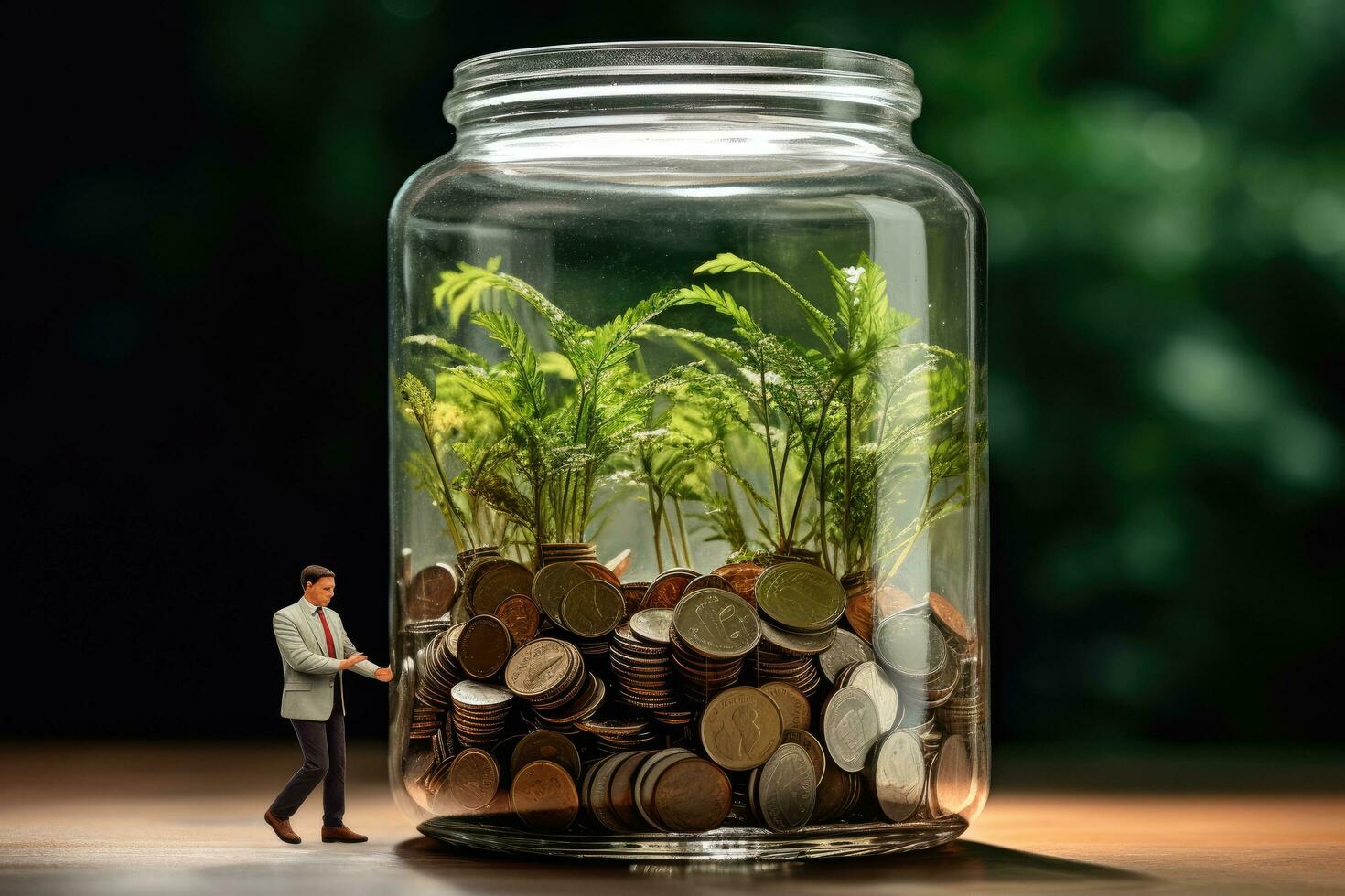 Businessman standing in a glass jar with coins and green plant. Businessman saving money in a glass jar, top section cropped, no hand deformation, AI Generated photo