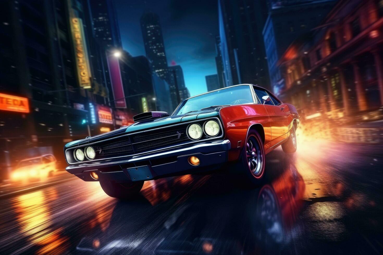Retro car in the city at night. 3D rendering. Car on the road in the city at night. 3d rendering, AI Generated photo