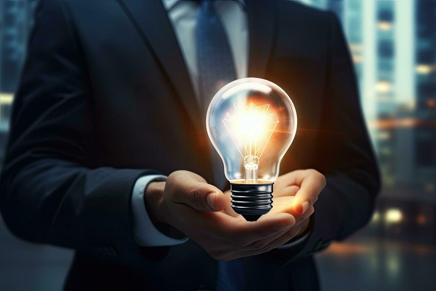 Close up of businessman holding light bulb in his hand. Idea concept, Businessman on blurred background using glowing lightbulb with his hand 3D rendering, AI Generated photo