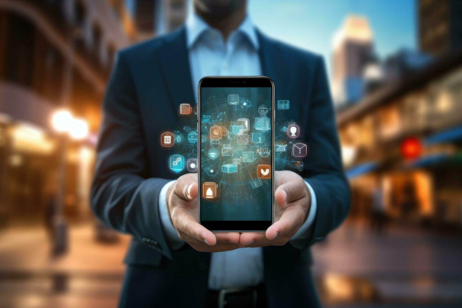 Businessman holding smart phone with application icons on the screen. 3D rendering, Businessman on blurred background holding 3D rendering mobile applications in his hand, AI Generated photo