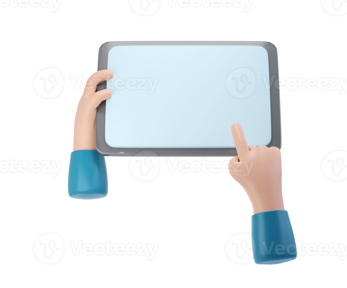 3D Hands using tablet mockup icon. Cartoon hand holding tablet transparent illustration png
