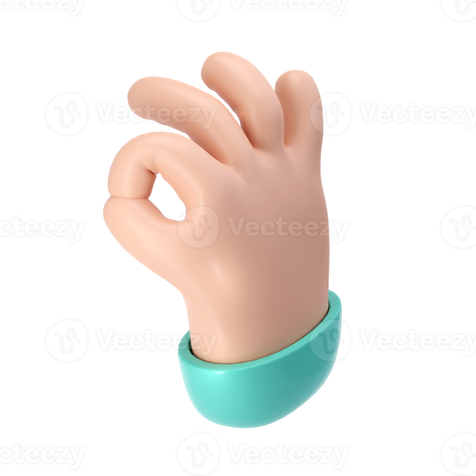 Cartoon 3d hand icon making OK gesture. Hand in cartoon style shows okay sign rendering. Business clip art transparent png