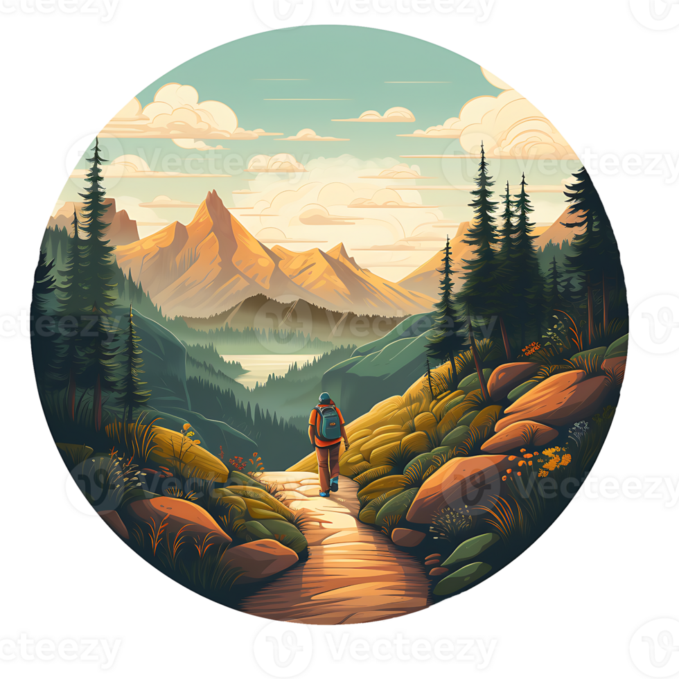 A man hiking success in mountains sunset and forest, Ai Generated png