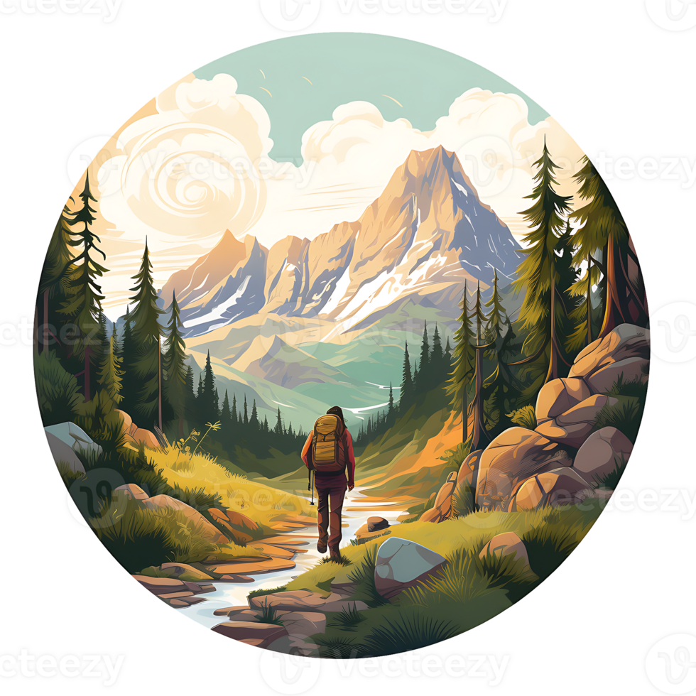 A man hiking success in mountains sunset and forest, Ai Generated png