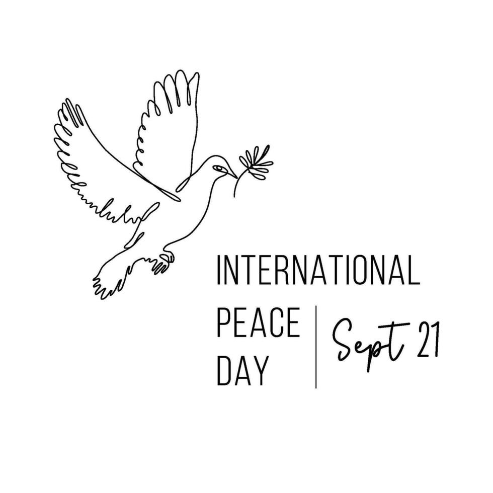 International Peace Day. Linear dove with olive branch. Symbol of peace. Vector illustration isolated on transparent background.