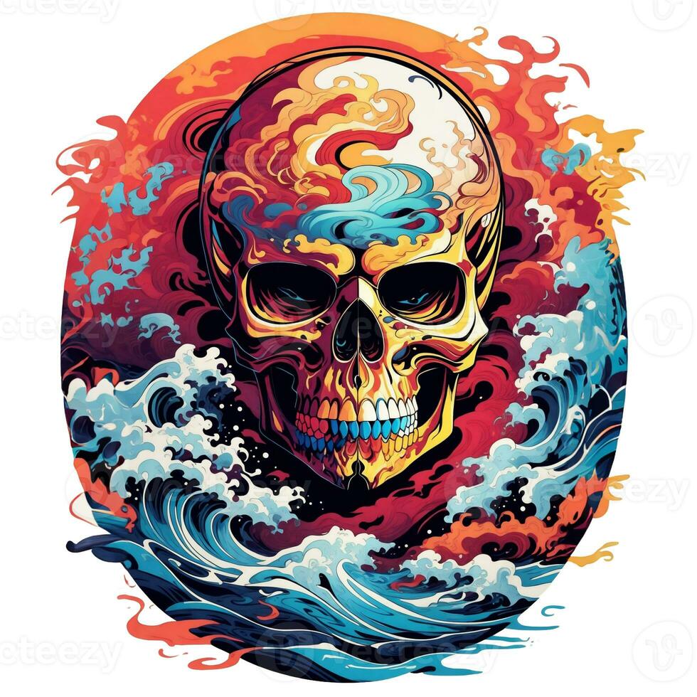 skull against a beautiful hot sky and sea waves, global warming photo