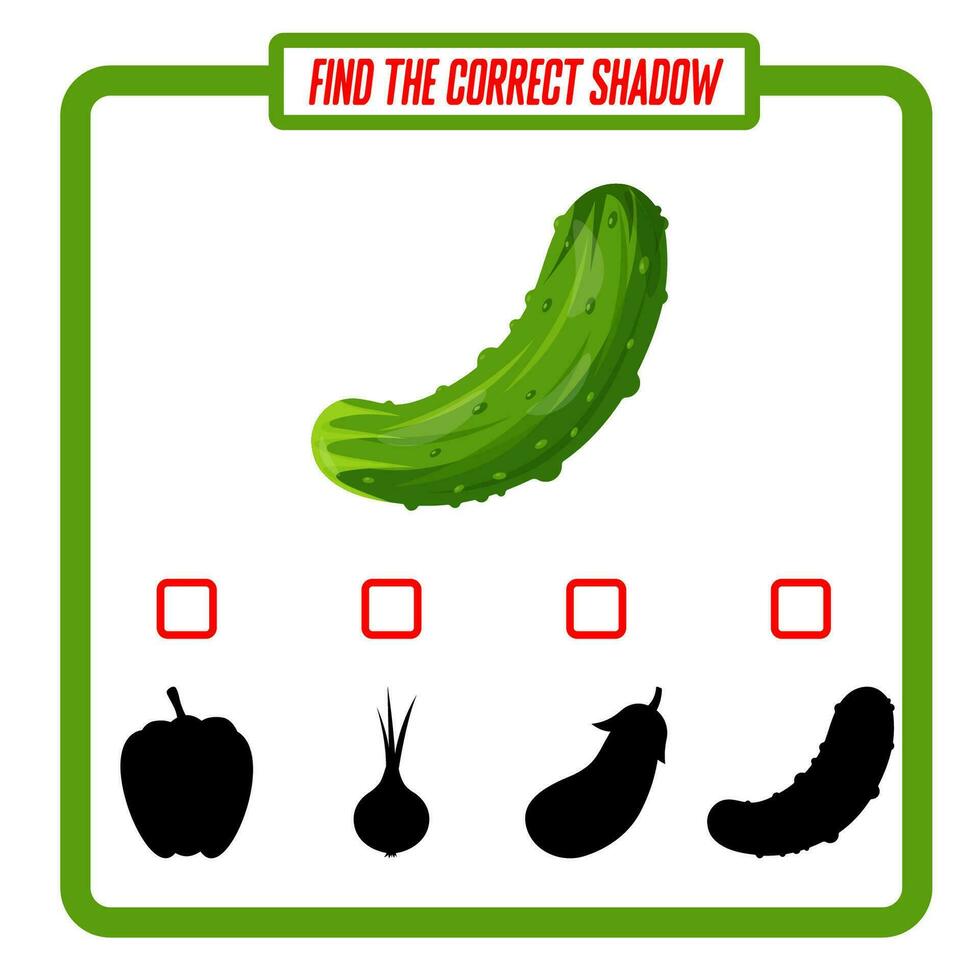 Find the right shade for the cucumber. Educational game with vegetables. A worksheet for children. Preschool education vector