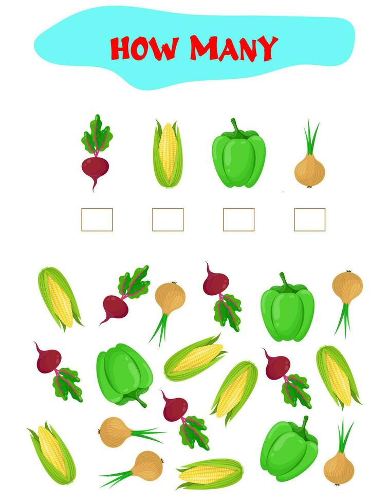 Counting Game for Preschool Children. Educational a mathematical game. Count how many  vegetables and write the result. Math worksheet for kids vector