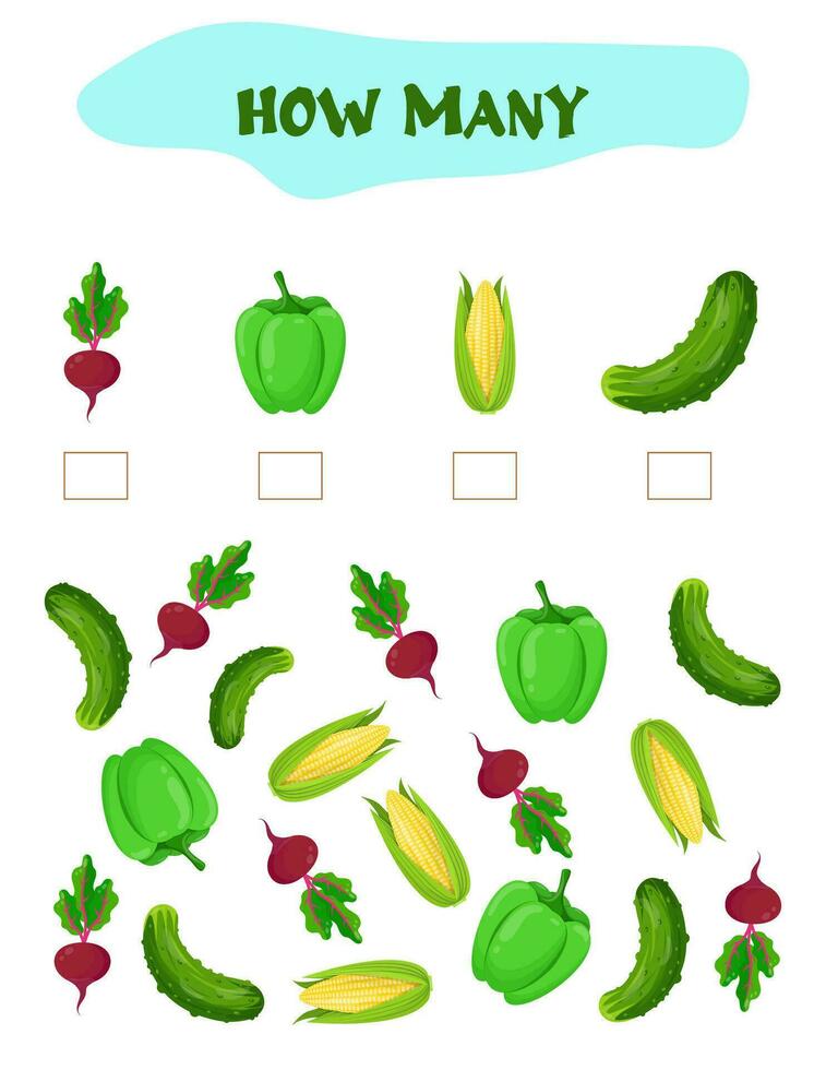 Counting Game for Preschool Children. Educational a mathematical game. Count how many  vegetables and write the result. Math worksheet for kids vector