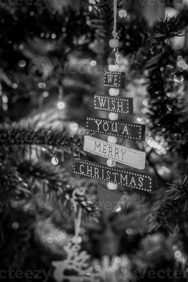 decorations for the holidays on a green Christmas tree in close-up photo