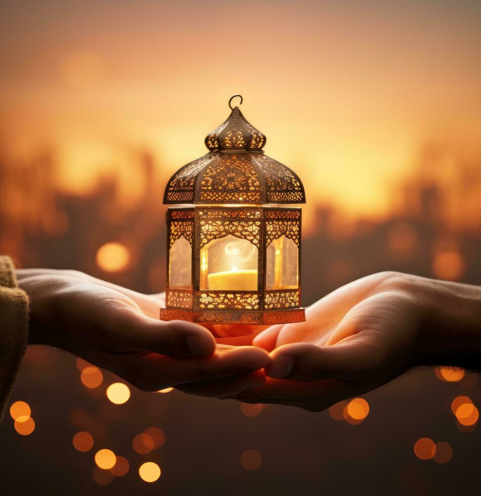 Muslim lantern with candles on the background in the night photo