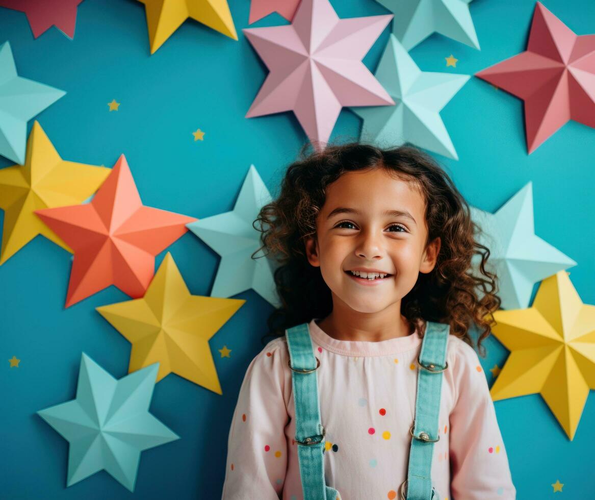 Girl with star stickers on blue background photo