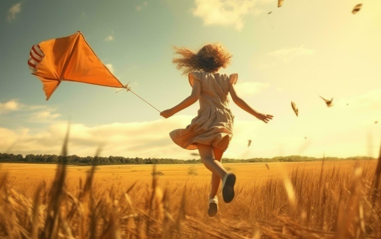 un niña corriendo en un campo con un cometa volador foto