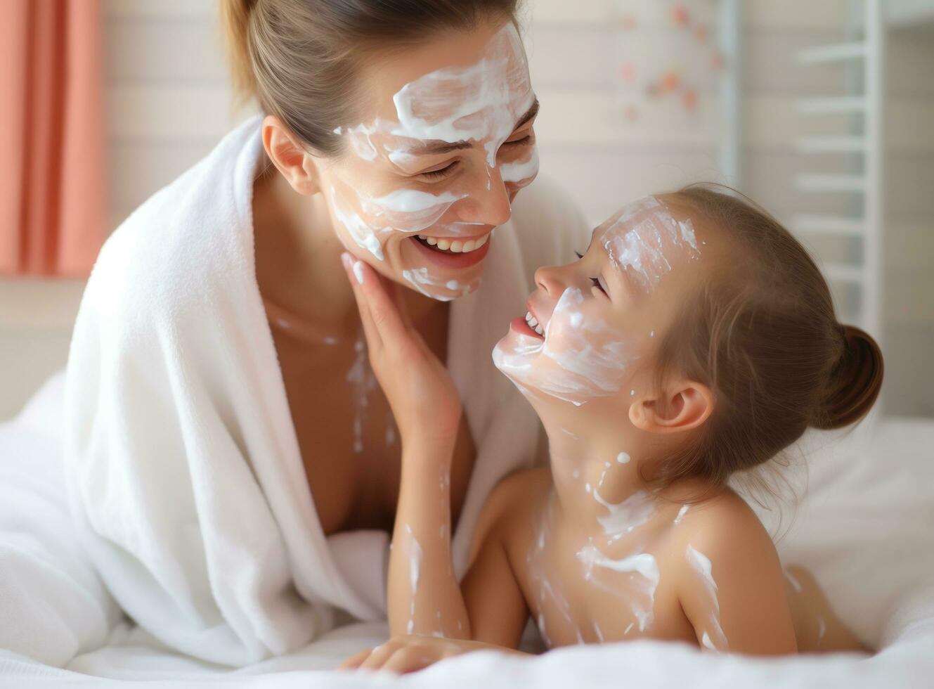 A woman and daughter doing face cream photo