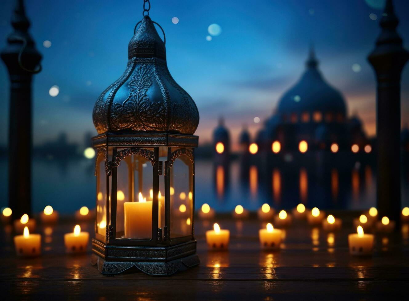 Muslim lantern with candles on the background in the night photo