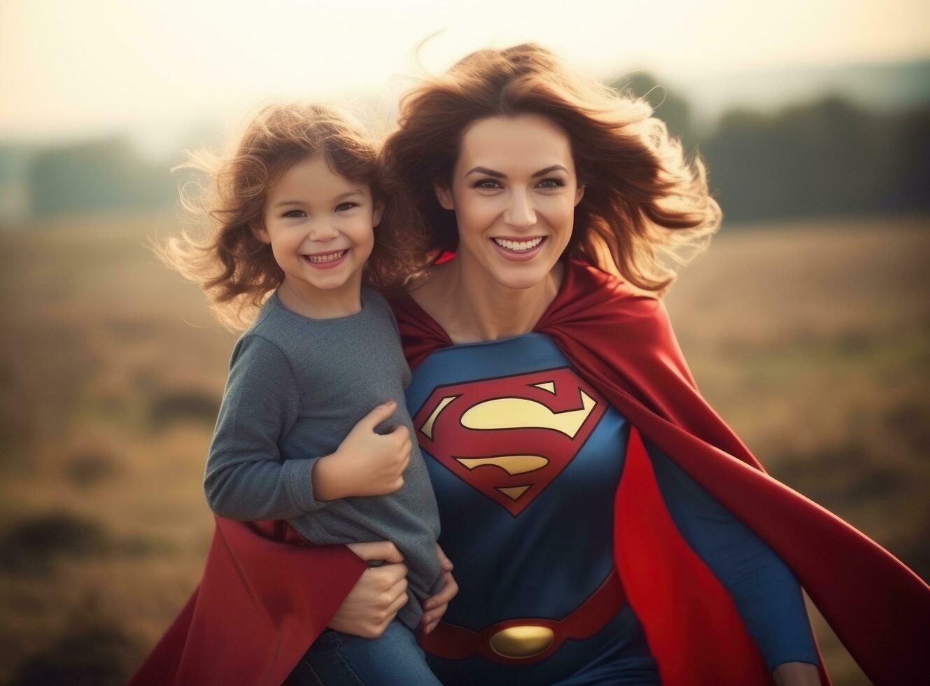 A woman dressed as a super hero and her daughter in spandex holding her photo