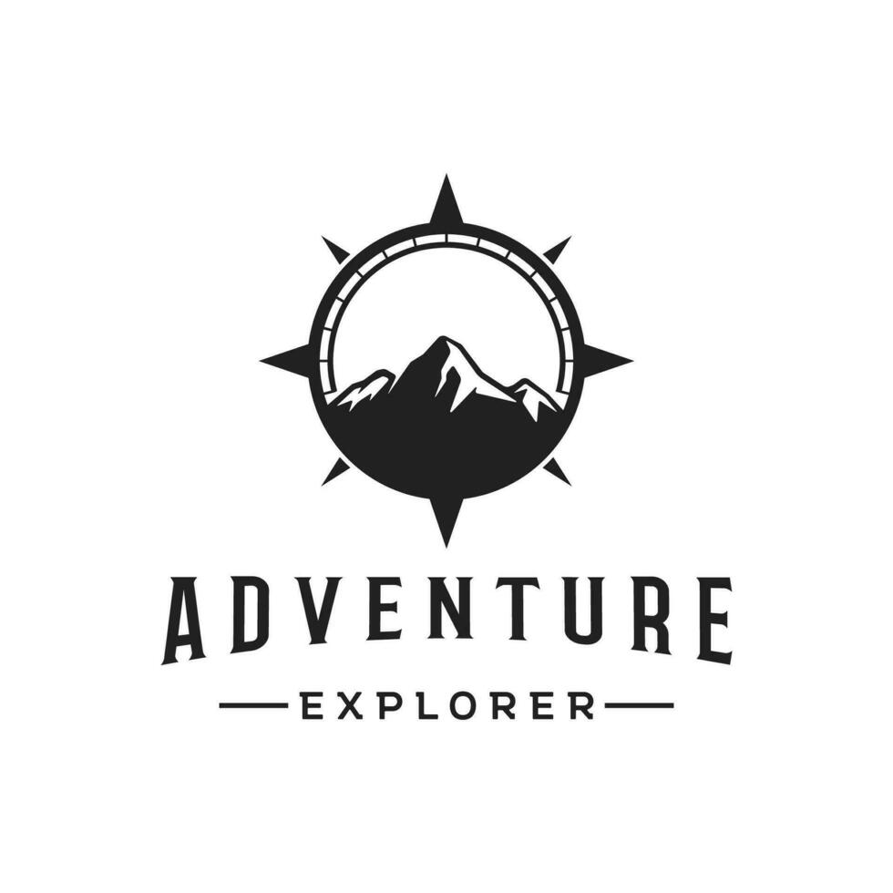 Retro vintage adventurer Logo design with arrow, mountain and compass