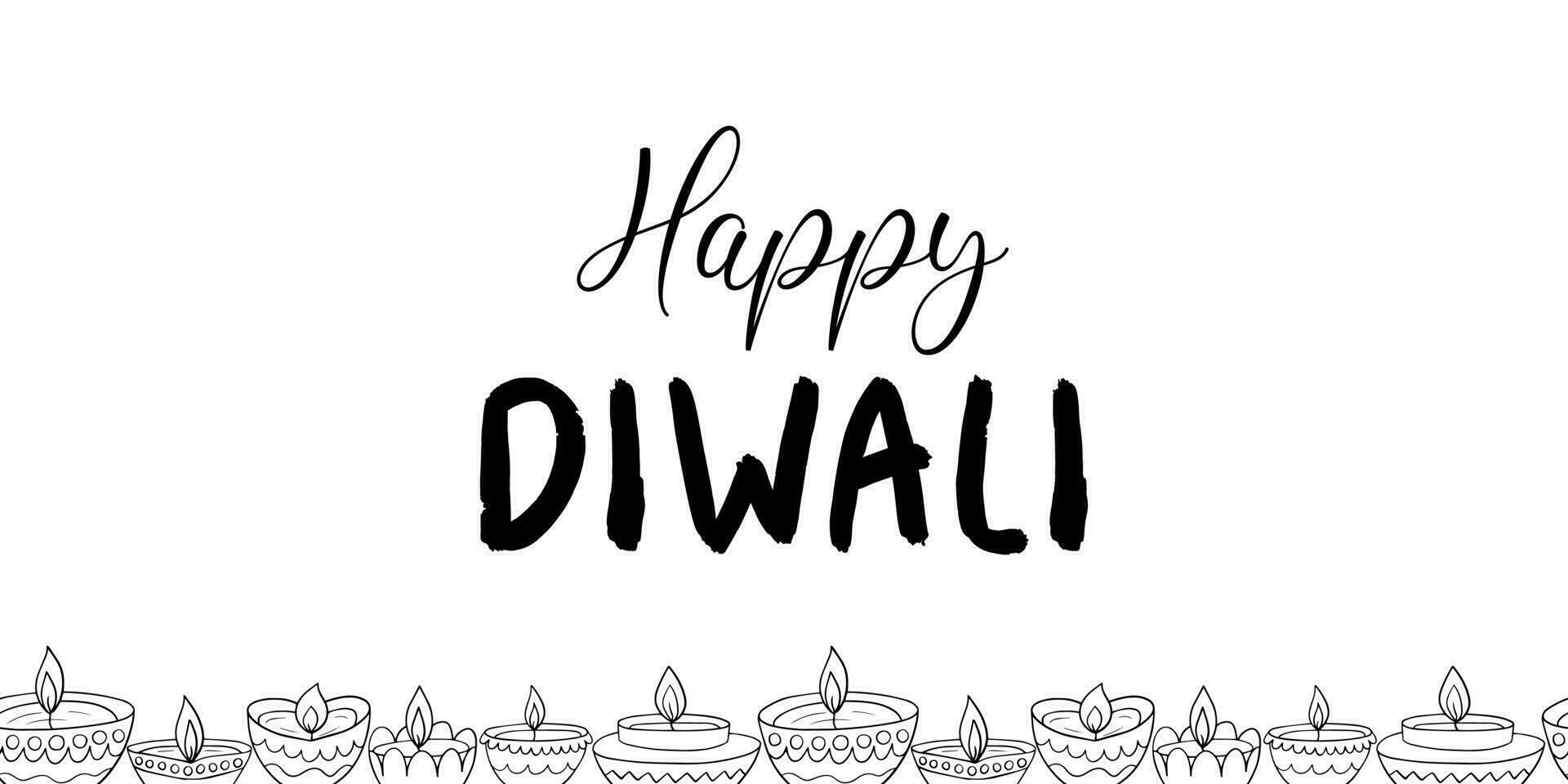 Happy Diwali greeting card with Diwali diya. Festival of light vector coloring page
