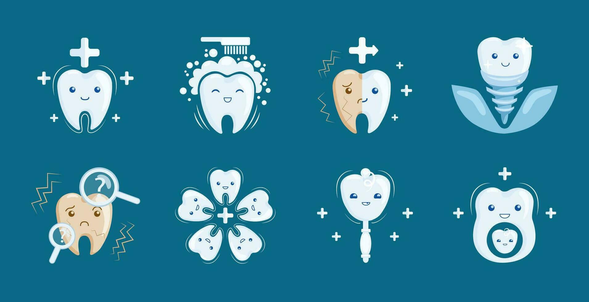 conjunto de dibujos animados dientes iconos, dental símbolos, linda dientes caracteres en médico condición vector