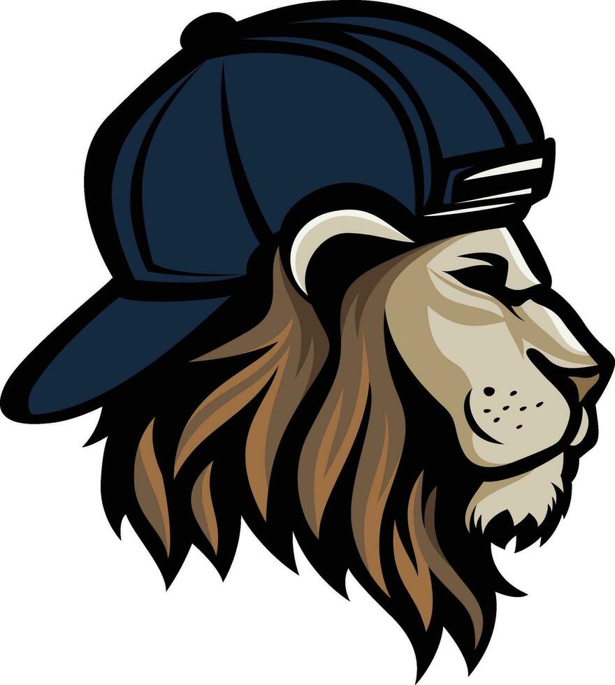 lion head with baseball cap side view logo template vector illustration , Lion wearing a  base ball sport cap backward clip art stock vector image