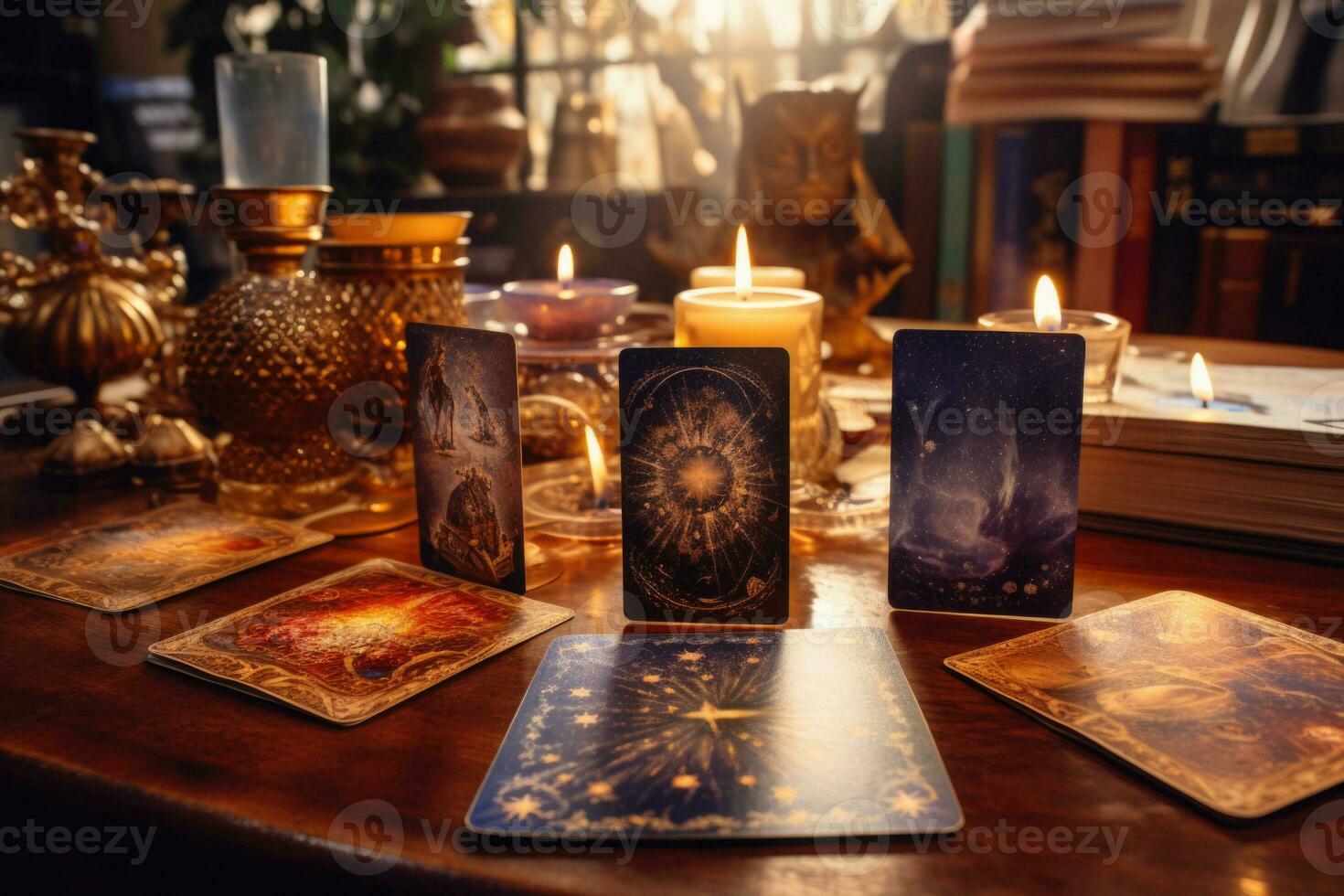 tarot tarjetas en de madera mesa. fortuna narración y leyendo futuro. generativo ai foto