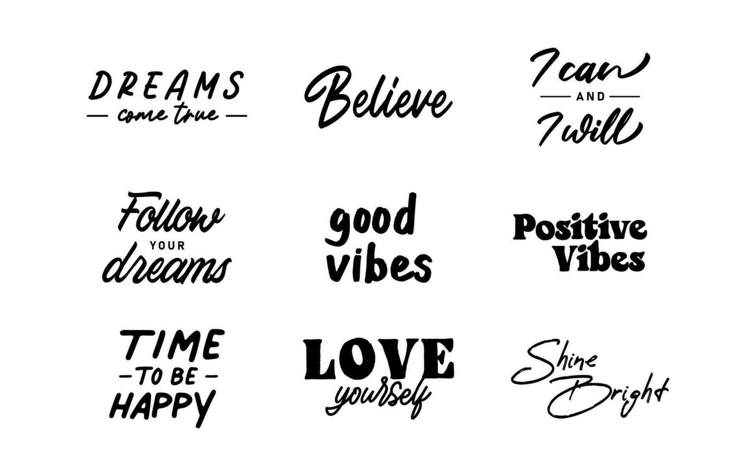 motivacional citas. conjunto de mano escrito inspirador mensajes caligráfico letras positivo frases vector